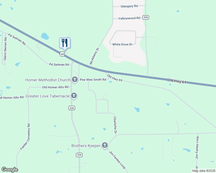 map of restaurants, bars, coffee shops, grocery stores, and more near 500 Pee Wee Smith Road in Lufkin