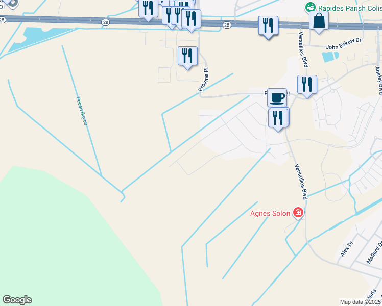 map of restaurants, bars, coffee shops, grocery stores, and more near 149 Pecan Bayou Drive in Alexandria