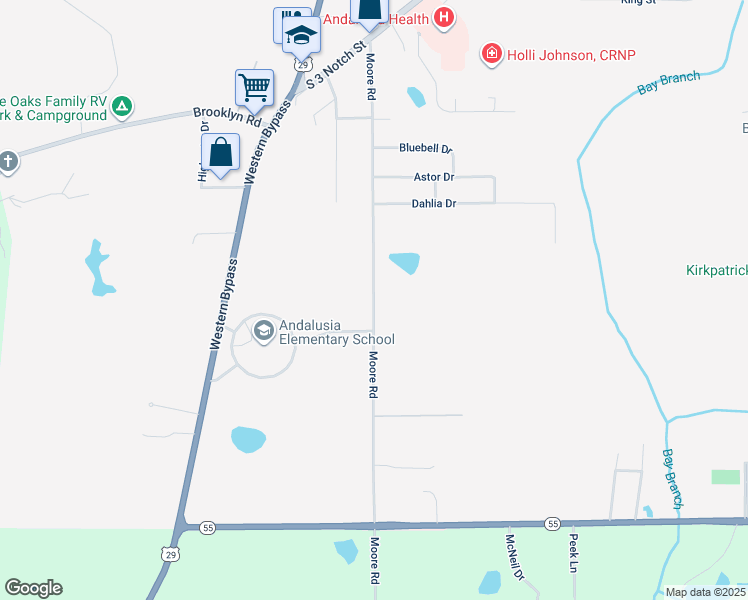 map of restaurants, bars, coffee shops, grocery stores, and more near Moore Road in Andalusia