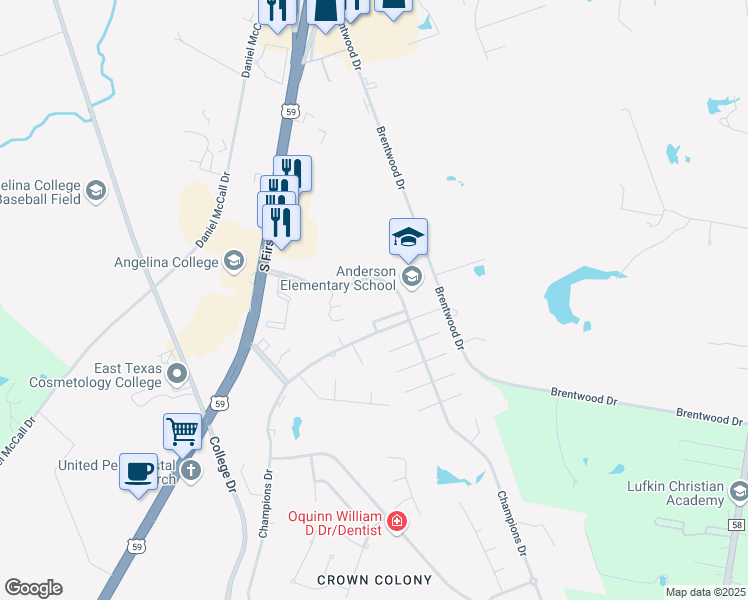 map of restaurants, bars, coffee shops, grocery stores, and more near 300 Champions Drive in Lufkin