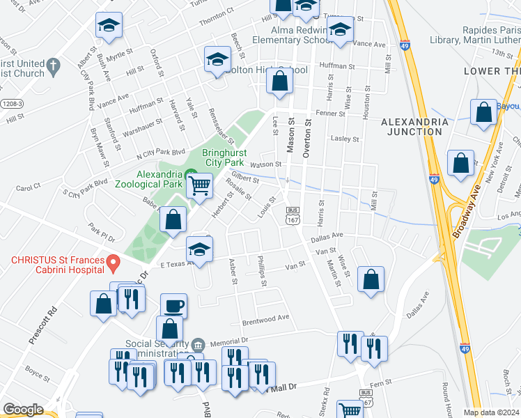 map of restaurants, bars, coffee shops, grocery stores, and more near 2904 Louis Street in Alexandria
