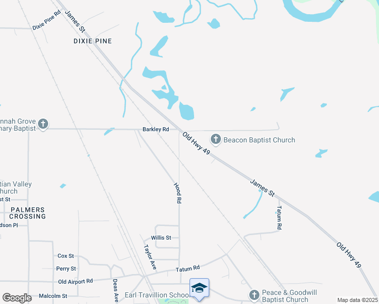 map of restaurants, bars, coffee shops, grocery stores, and more near 1744 James Street in Hattiesburg