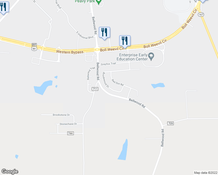 map of restaurants, bars, coffee shops, grocery stores, and more near 118 Brookwood Drive in Enterprise