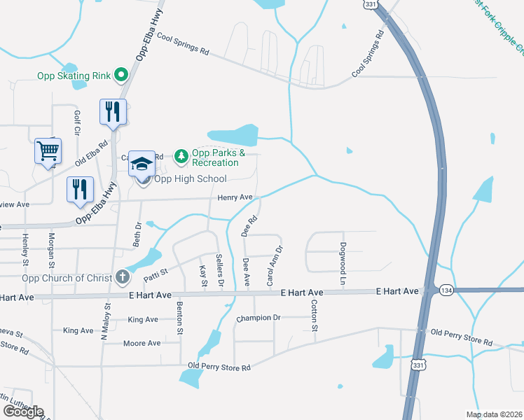 map of restaurants, bars, coffee shops, grocery stores, and more near 300-306 Dee Road in Opp