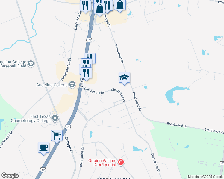 map of restaurants, bars, coffee shops, grocery stores, and more near 305 Champions Drive in Lufkin