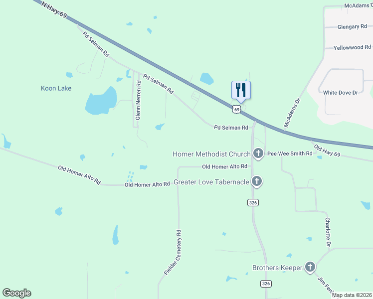 map of restaurants, bars, coffee shops, grocery stores, and more near 844 Pd Selman Road in Lufkin