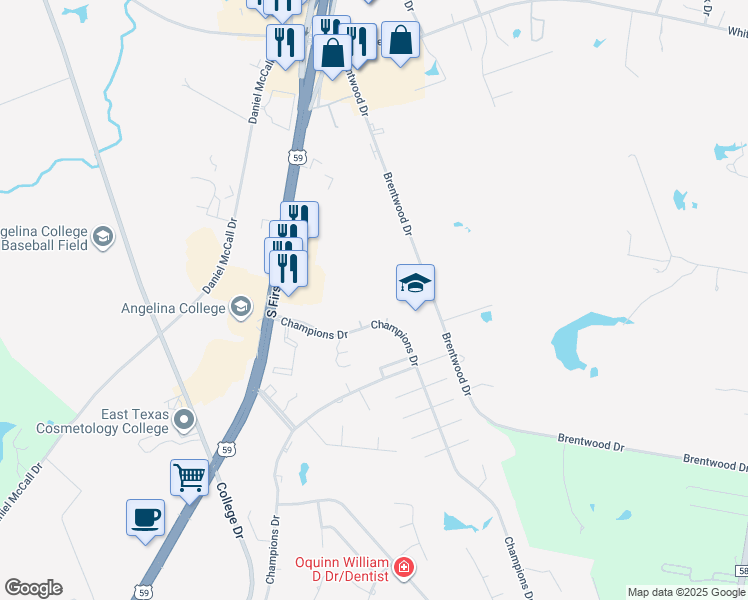 map of restaurants, bars, coffee shops, grocery stores, and more near 305 Champions Drive in Lufkin
