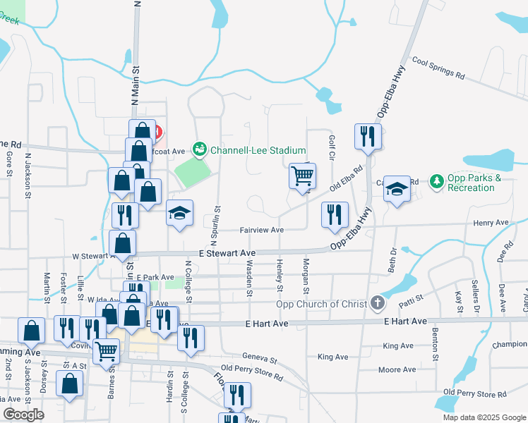 map of restaurants, bars, coffee shops, grocery stores, and more near 128 Georgia Cir in Opp