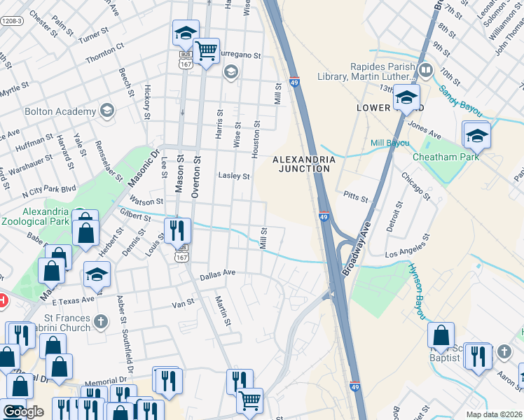 map of restaurants, bars, coffee shops, grocery stores, and more near 2703 Houston Street in Alexandria