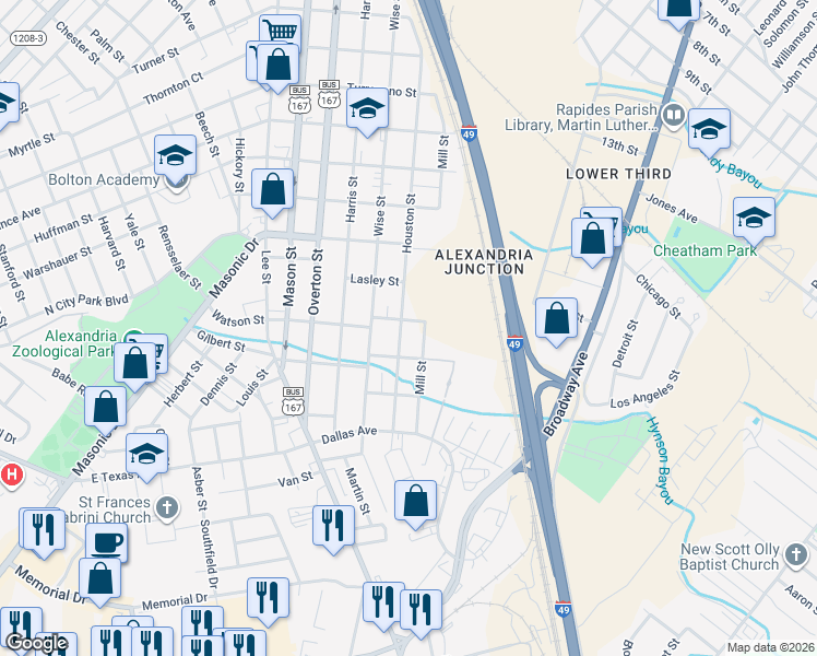 map of restaurants, bars, coffee shops, grocery stores, and more near 2703 Houston Street in Alexandria
