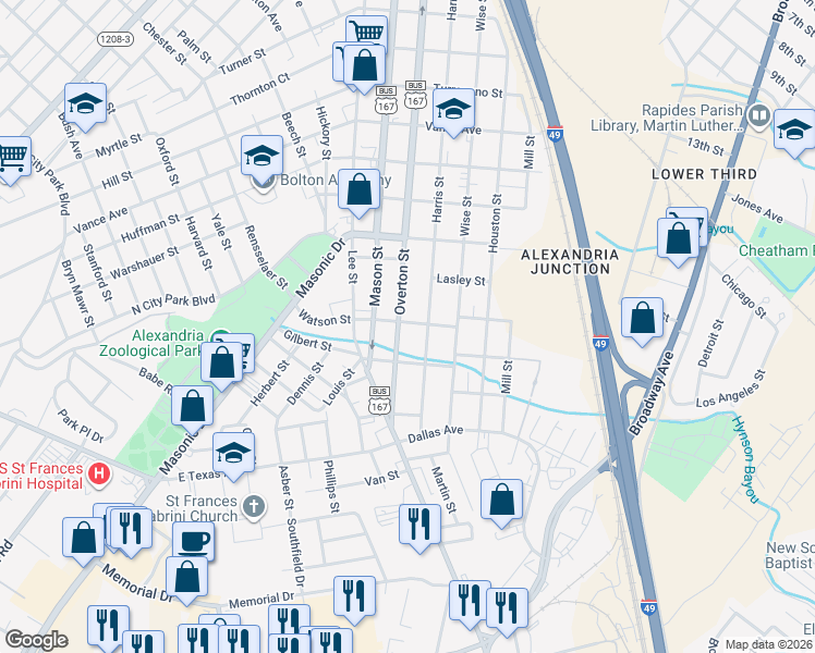 map of restaurants, bars, coffee shops, grocery stores, and more near 2712 Harris Street in Alexandria
