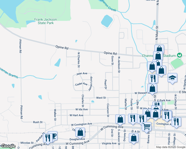 map of restaurants, bars, coffee shops, grocery stores, and more near 101 James Loop in Opp
