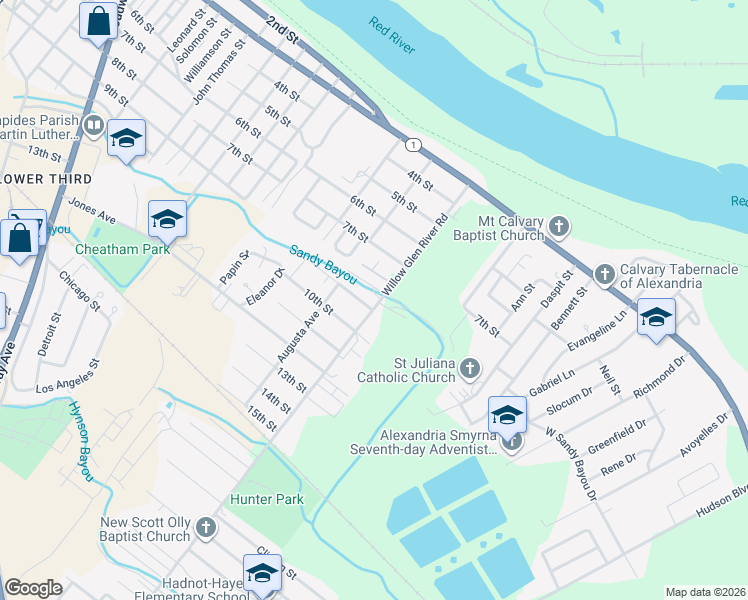 map of restaurants, bars, coffee shops, grocery stores, and more near 802 Willow Glen River Road in Alexandria
