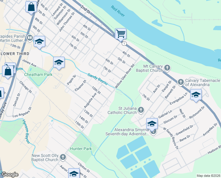 map of restaurants, bars, coffee shops, grocery stores, and more near 802 Willow Glen River Road in Alexandria