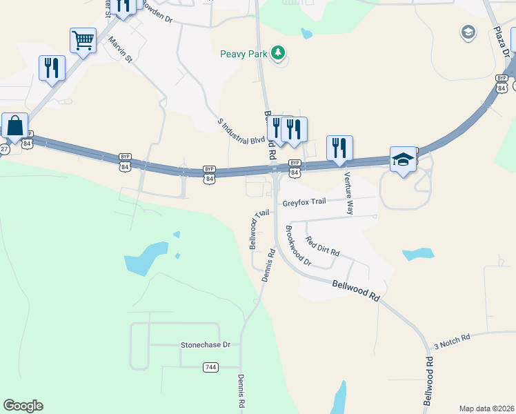 map of restaurants, bars, coffee shops, grocery stores, and more near 104 Bellwood Trail in Enterprise