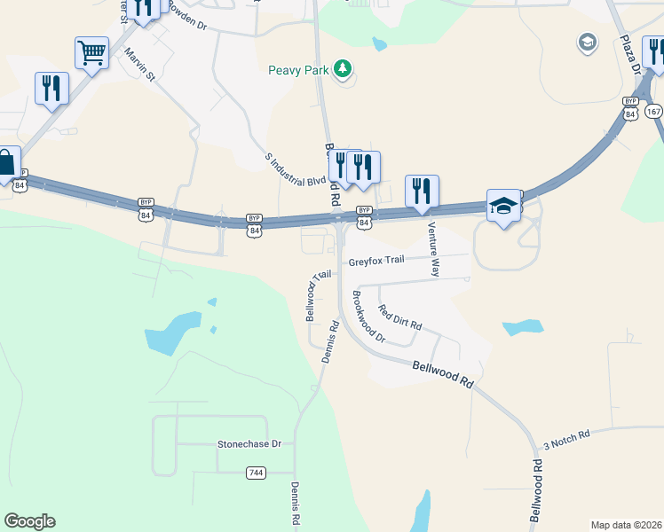 map of restaurants, bars, coffee shops, grocery stores, and more near 100 Bellwood Trail in Enterprise