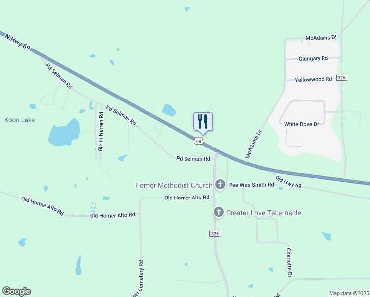 map of restaurants, bars, coffee shops, grocery stores, and more near 983 Pd Selman Road in Lufkin