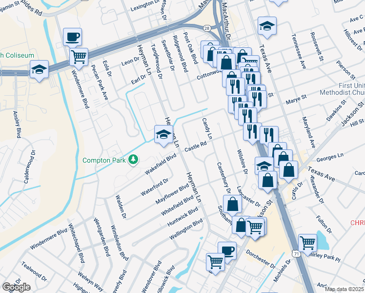 map of restaurants, bars, coffee shops, grocery stores, and more near 4102 Castle Road in Alexandria