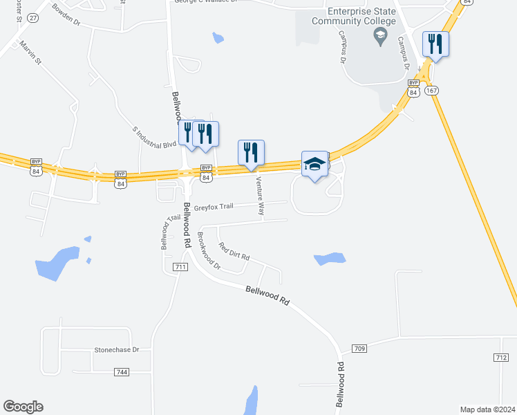 map of restaurants, bars, coffee shops, grocery stores, and more near 136 Greyfox Trail in Enterprise