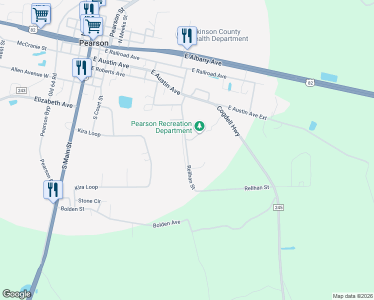 map of restaurants, bars, coffee shops, grocery stores, and more near Relihan Street in Pearson