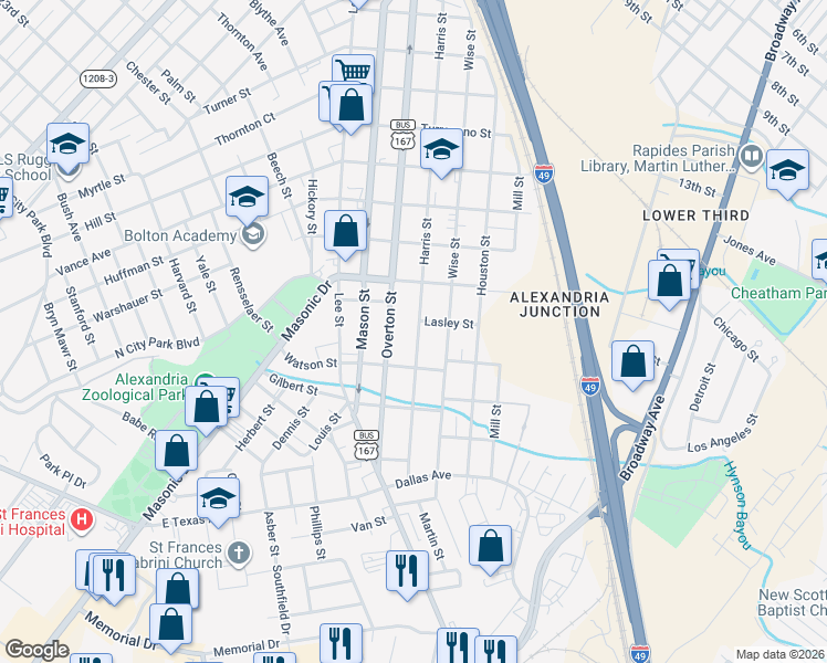 map of restaurants, bars, coffee shops, grocery stores, and more near 2612 Harris Street in Alexandria