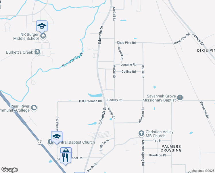 map of restaurants, bars, coffee shops, grocery stores, and more near 18 Annie Christie Drive in Hattiesburg