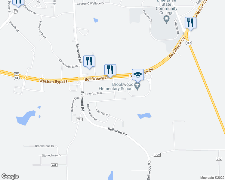 map of restaurants, bars, coffee shops, grocery stores, and more near 137 Greyfox Trail in Enterprise
