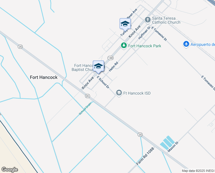 map of restaurants, bars, coffee shops, grocery stores, and more near East School Drive in Fort Hancock