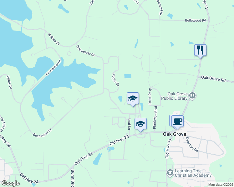 map of restaurants, bars, coffee shops, grocery stores, and more near 34 Leaf Lane in Hattiesburg