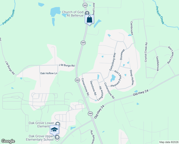 map of restaurants, bars, coffee shops, grocery stores, and more near 86-92 Cornerstone Road in Hattiesburg