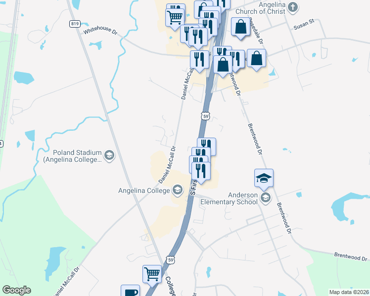 map of restaurants, bars, coffee shops, grocery stores, and more near 3010 South 1st Street in Lufkin