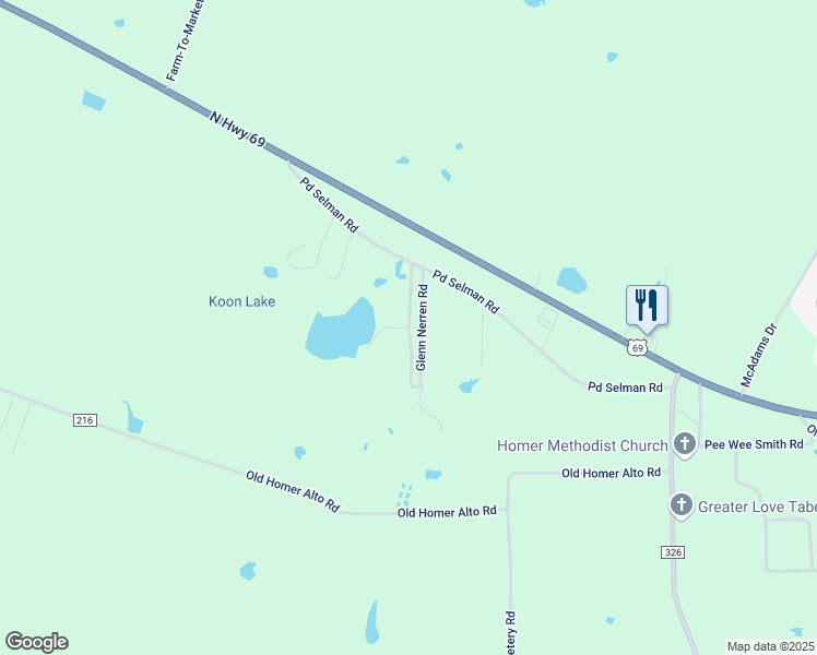 map of restaurants, bars, coffee shops, grocery stores, and more near County Road 214 A in Angelina County