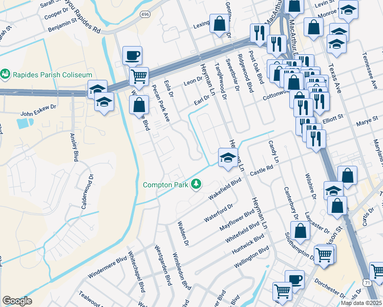 map of restaurants, bars, coffee shops, grocery stores, and more near 4325 Clubhouse Drive in Alexandria