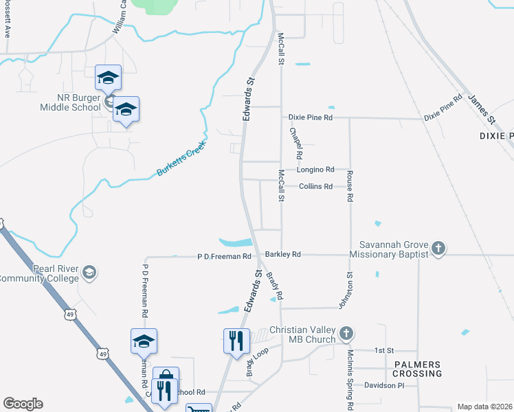 map of restaurants, bars, coffee shops, grocery stores, and more near 7 Annie Christie Drive in Hattiesburg