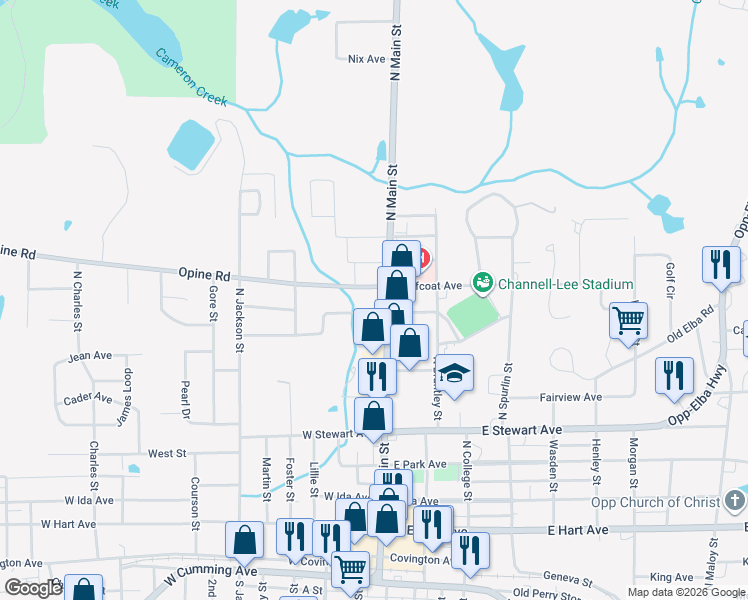 map of restaurants, bars, coffee shops, grocery stores, and more near 100-198 West Jeffcoat Avenue in Opp