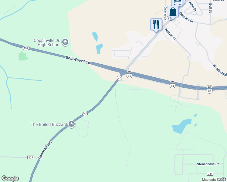 map of restaurants, bars, coffee shops, grocery stores, and more near 1700-1730 Ambrose Jones Lane in Enterprise