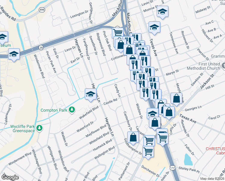 map of restaurants, bars, coffee shops, grocery stores, and more near 907 Candy Lane in Alexandria