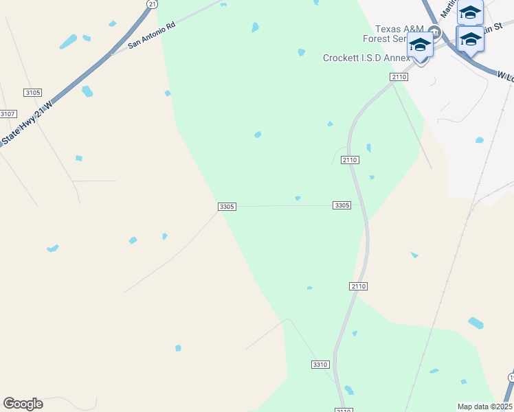 map of restaurants, bars, coffee shops, grocery stores, and more near County Road 3305 in Crockett