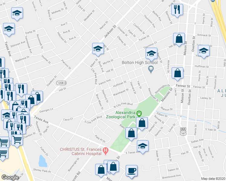 map of restaurants, bars, coffee shops, grocery stores, and more near 1709 Bush Avenue in Alexandria