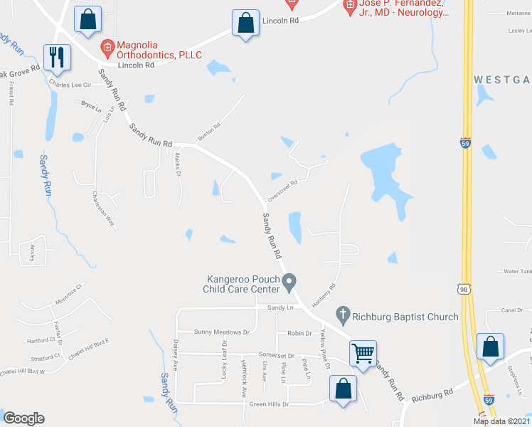 map of restaurants, bars, coffee shops, grocery stores, and more near Sandy Run Road in Hattiesburg