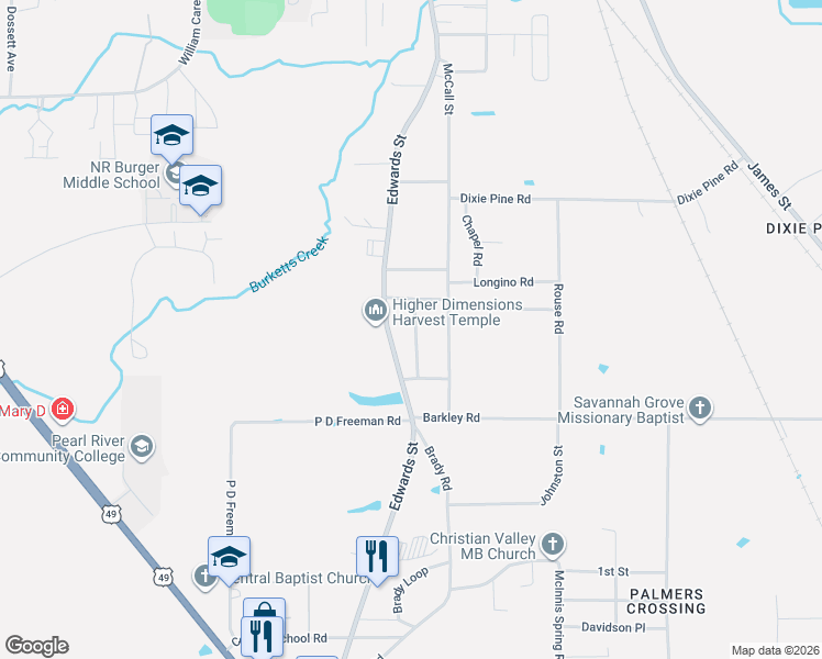 map of restaurants, bars, coffee shops, grocery stores, and more near 59 Anne Street in Hattiesburg