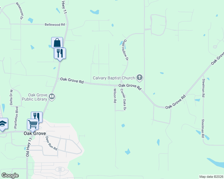 map of restaurants, bars, coffee shops, grocery stores, and more near 12 Wilson Rd in Hattiesburg