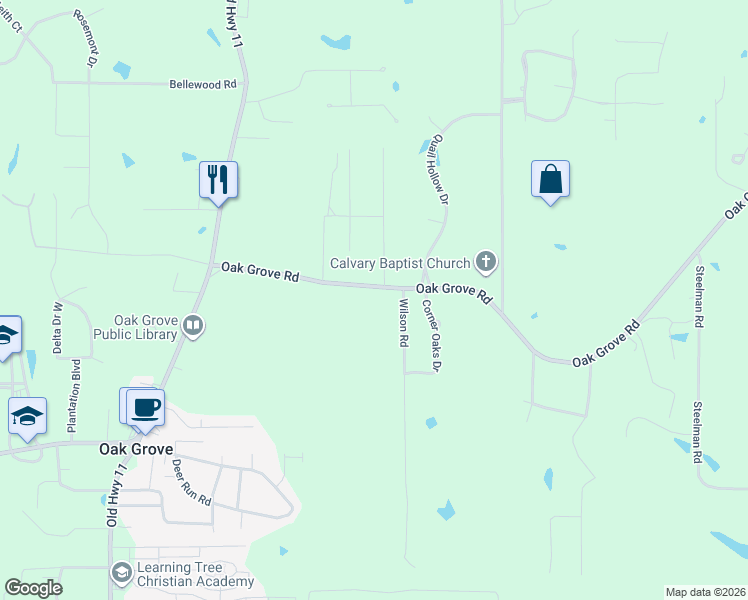 map of restaurants, bars, coffee shops, grocery stores, and more near 3192 Oak Grove Road in Hattiesburg