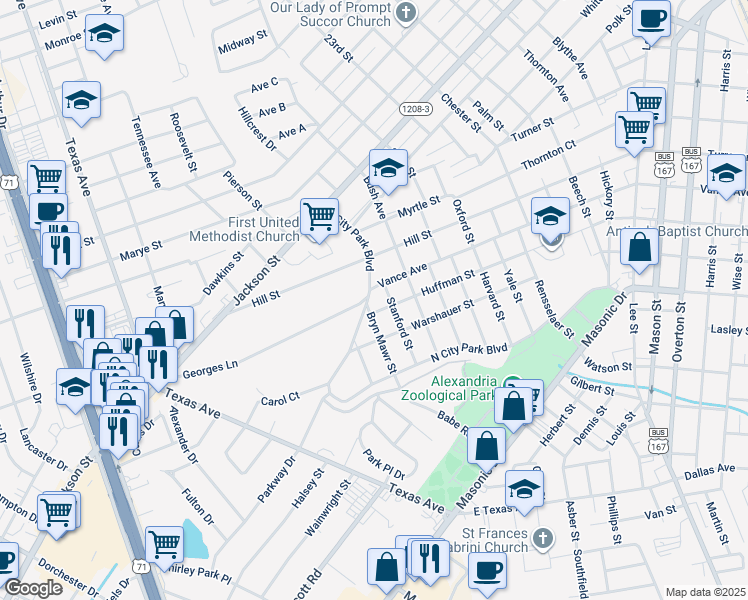 map of restaurants, bars, coffee shops, grocery stores, and more near 2625 Vance Avenue in Alexandria