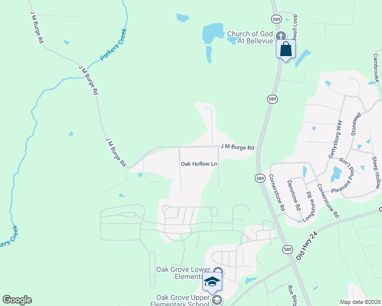 map of restaurants, bars, coffee shops, grocery stores, and more near 77 J M Burge Road in Hattiesburg