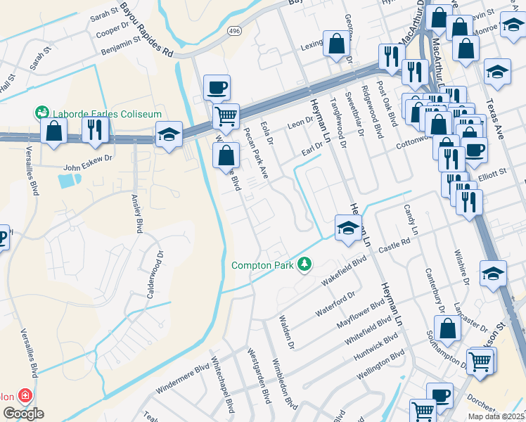 map of restaurants, bars, coffee shops, grocery stores, and more near 351 Windermere Boulevard in Alexandria