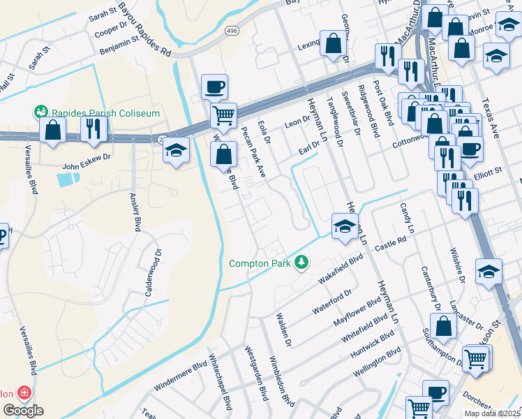 map of restaurants, bars, coffee shops, grocery stores, and more near 351 Windermere Boulevard in Alexandria