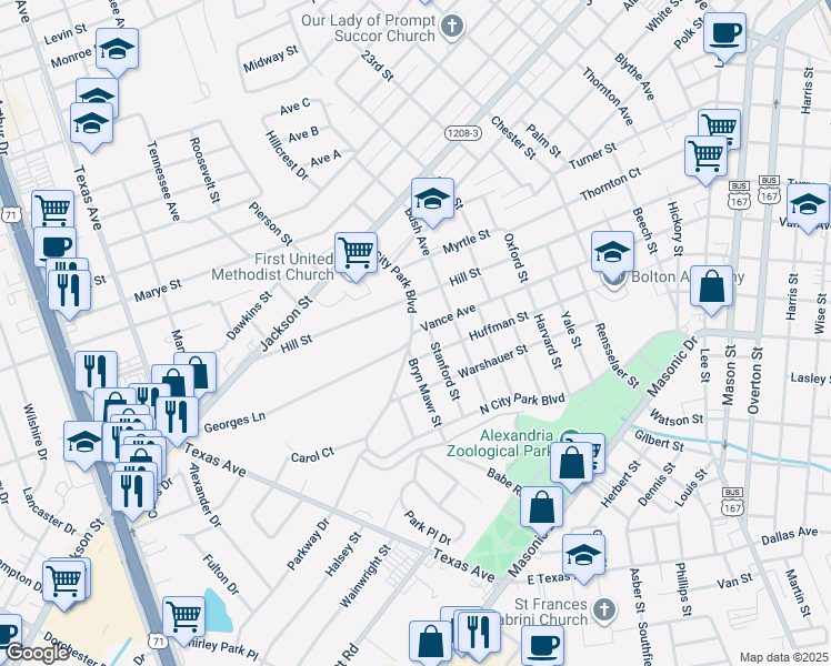 map of restaurants, bars, coffee shops, grocery stores, and more near 2625 Vance Avenue in Alexandria