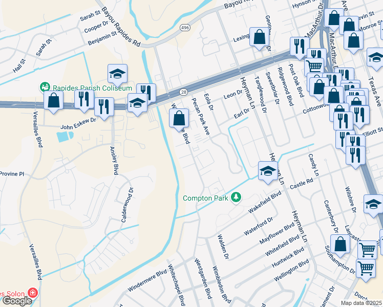 map of restaurants, bars, coffee shops, grocery stores, and more near 301 Windermere Boulevard in Alexandria