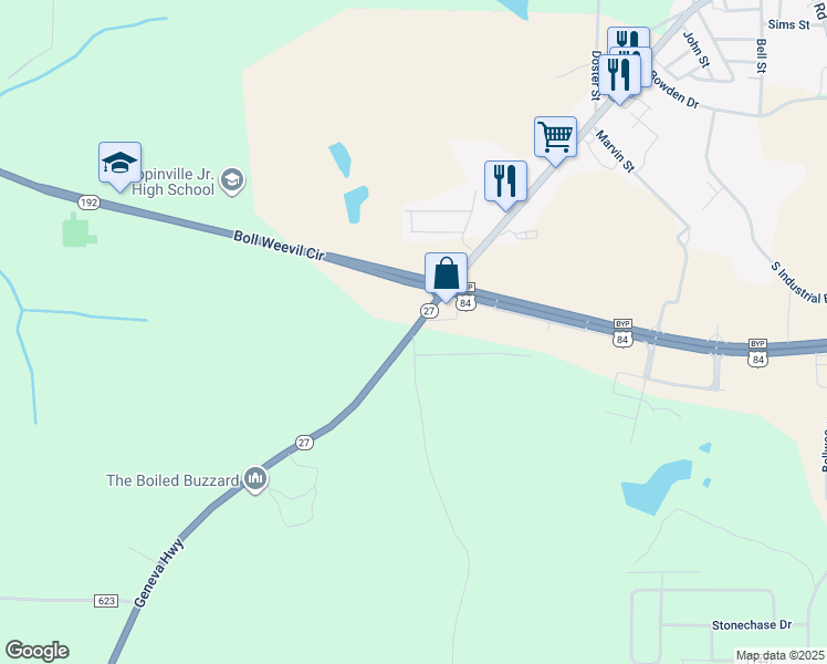 map of restaurants, bars, coffee shops, grocery stores, and more near 1700 Ambrose Jones Lane in Enterprise